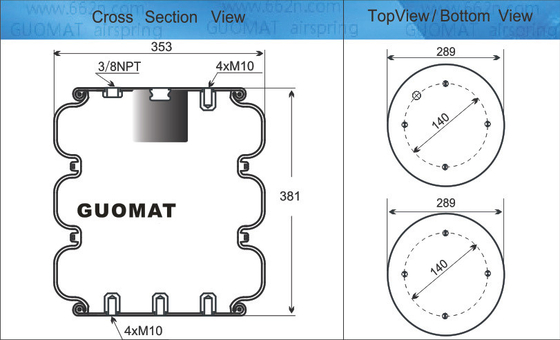 औद्योगिक वायु वसंत 4xM10 पेंच GUOMAT NO. 3B7383-3/8 बेलो No.3B383 प्राकृतिक व्यास 351mm