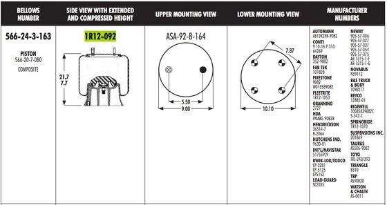 गुडइयर 1 आर 12-092 ट्रक एयर स्प्रिंग्स 566-24-3-163 फायरस्टोन डब्ल्यू 01-358-9082